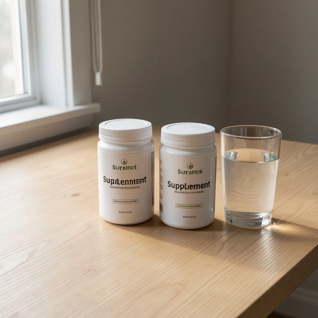 Supplement containers on a clean wooden desk beside a glass of water, morning natural light from a side window, editorial flat lay