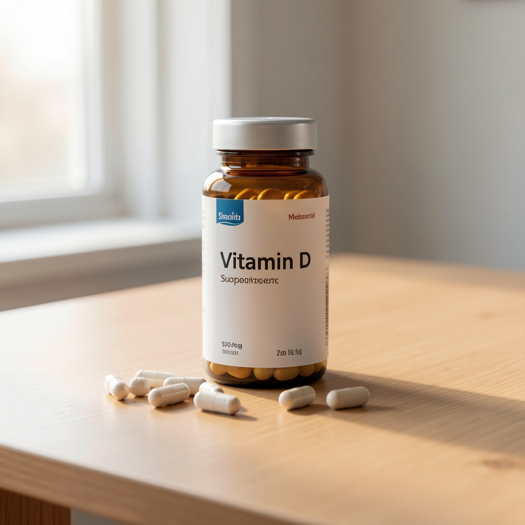 Vitamin D supplement bottle and magnesium portions on a clean wooden desk surface, soft morning window light, minimal editorial composition