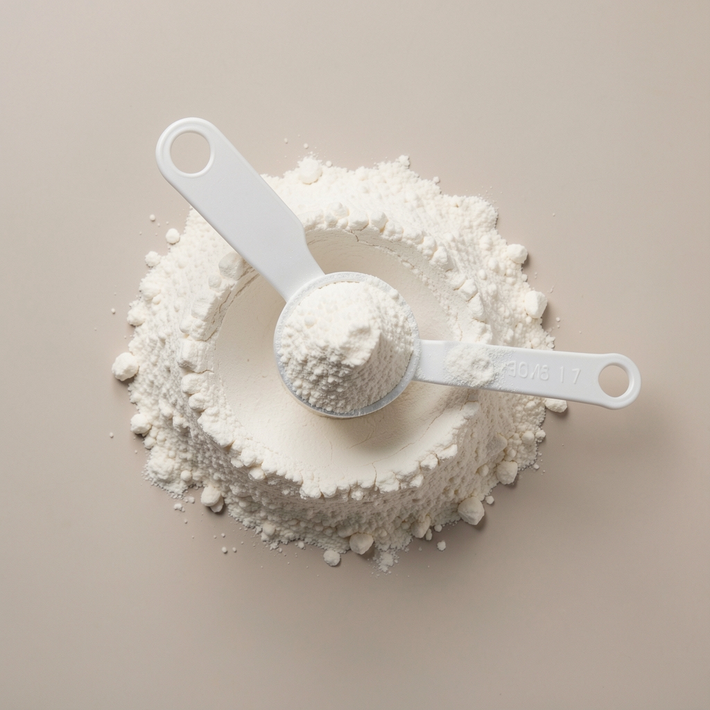 Protein powder and measuring scoop on a neutral background, editorial overhead photography, clean composition