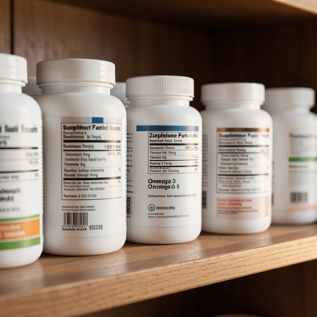 Close-up of supplement labels on a wooden shelf, zinc and omega-3 containers in natural light, editorial composition with shallow depth