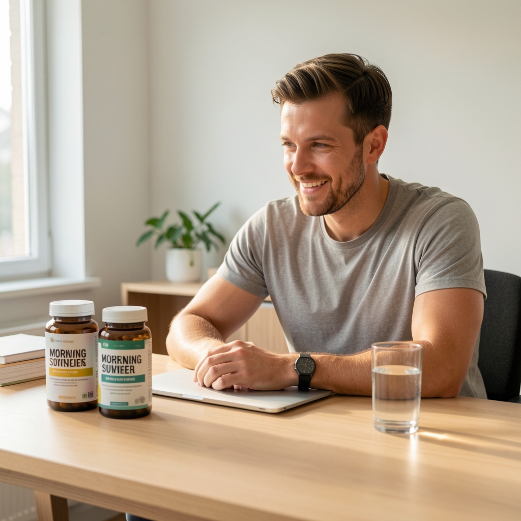 Active man at a clean wooden desk, morning supplement containers and glass of water in soft natural light, editorial flat lay composition